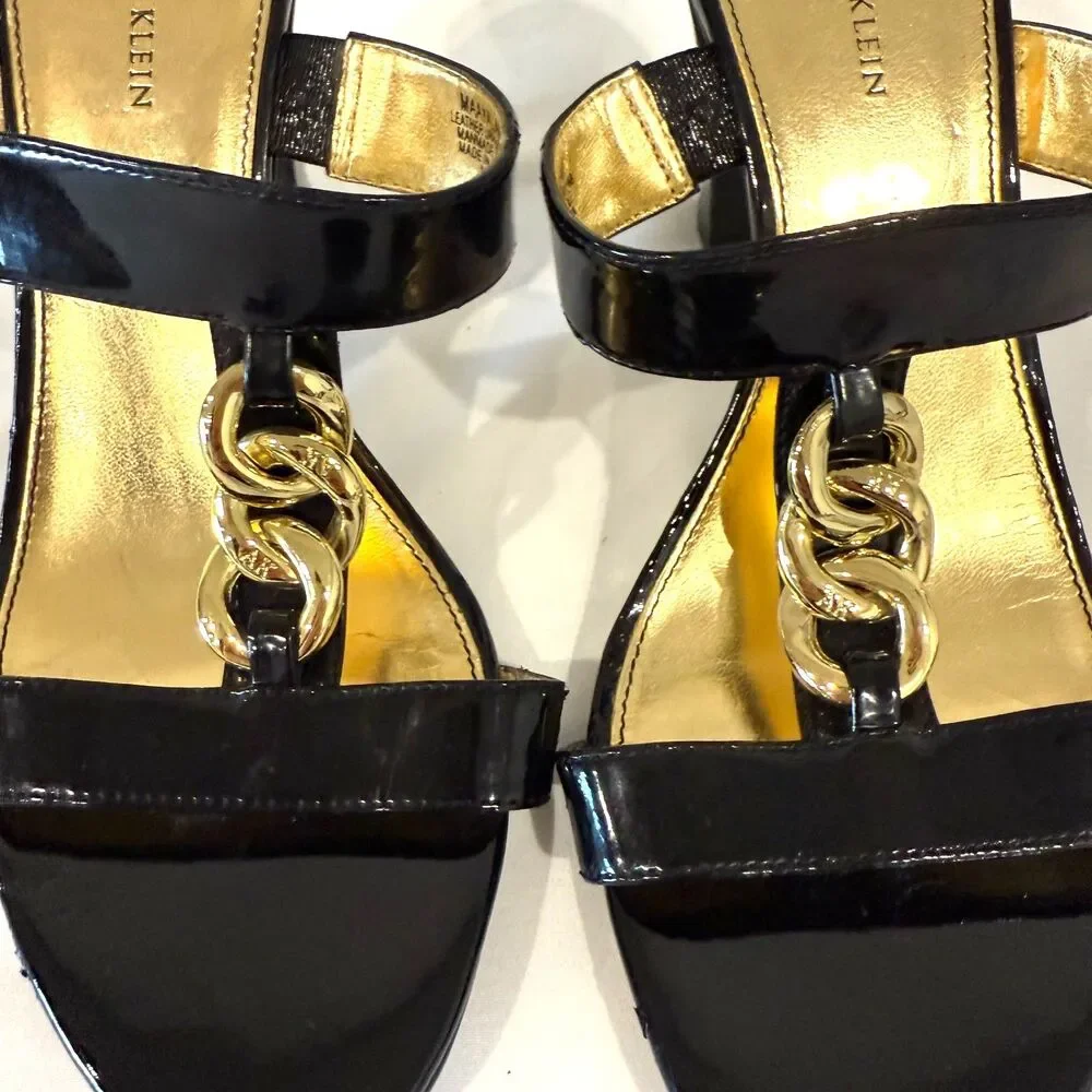 Anne Klein Black‎ Gold Chain Link Heels Sandal Slides Professional Womens 8.5